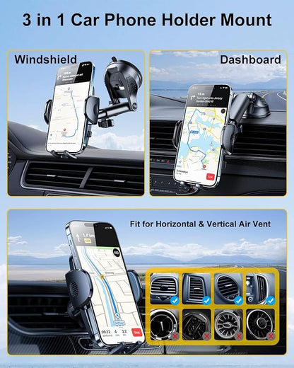 3-in-1 Phone Mount for Car [Most Stable and Flexible Suction Cup] Vent Dashboard Windshield Cell Phone Holder Car Fit for iPhone 15 14 13 12 Pro Max Samsung S23 S22 S21 All Phone, Gold