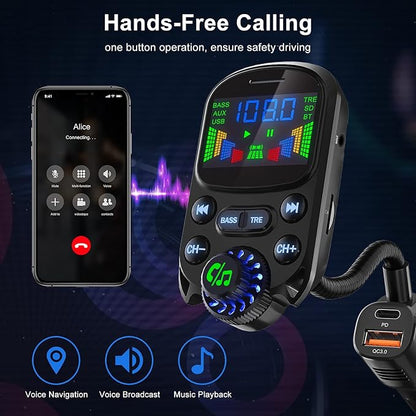 Bluetooth 5.3 FM Transmitter for Car- SOARUN Bluetooth Car Adapter PD30W & USB Port Fast Charge - HiFi Treble & Bass Player - 1.6" Display Hands-Free Calling - Car Radio with AUX Input/Output, TF Card