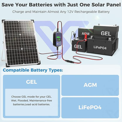 Solar Panel Kit 30W 12V with MPPT Controller, Solar Battery Trickle Charger Maintainer, Waterproof Solar Panel with Adjustable Mount Bracket for Boat RV Motorcycle Marine
