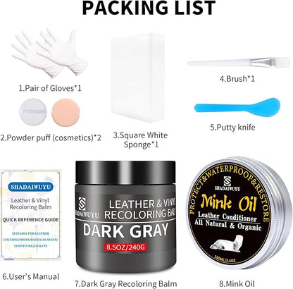 8.5oz Leather Recoloring Balm with 100ml Mink Oil,Dark Gray Leather Repair kit for Furniture and Car Interior,Leather Couch Scratch Repair,Leather Dye Paint,Mink Oil for Leather