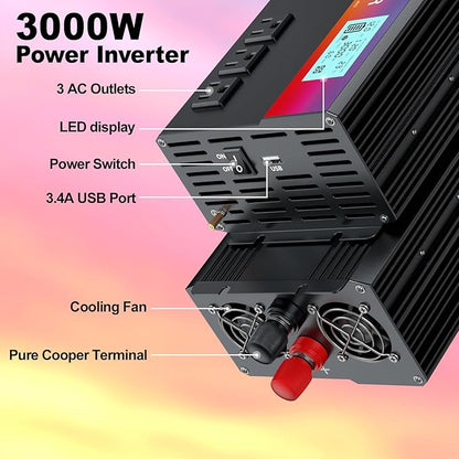 New Upgraded 3000 Watt Power Inverter,12V DC to 110V/120V AC Converter,6000W Peak Power with 3 AC Outlets,3.4A USB Port,LED Display Car Inverter for Vehicles,Truck,RV,Outdoor Activities,Solar System
