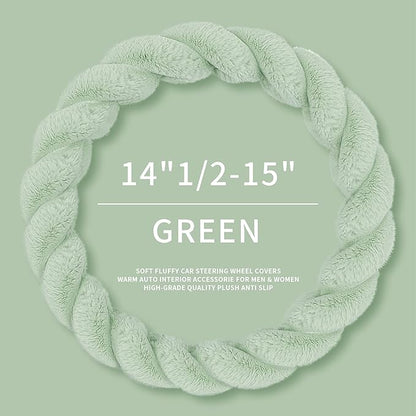Luxury Fluffy Winter Car Steering Wheel Cover for Women Soft Warm Plush Cute Auto Accessories for Vehicle, Sedan, Universal, Fuzzy, Anti Slip, Green, Standard Size, 14.75-15.15"