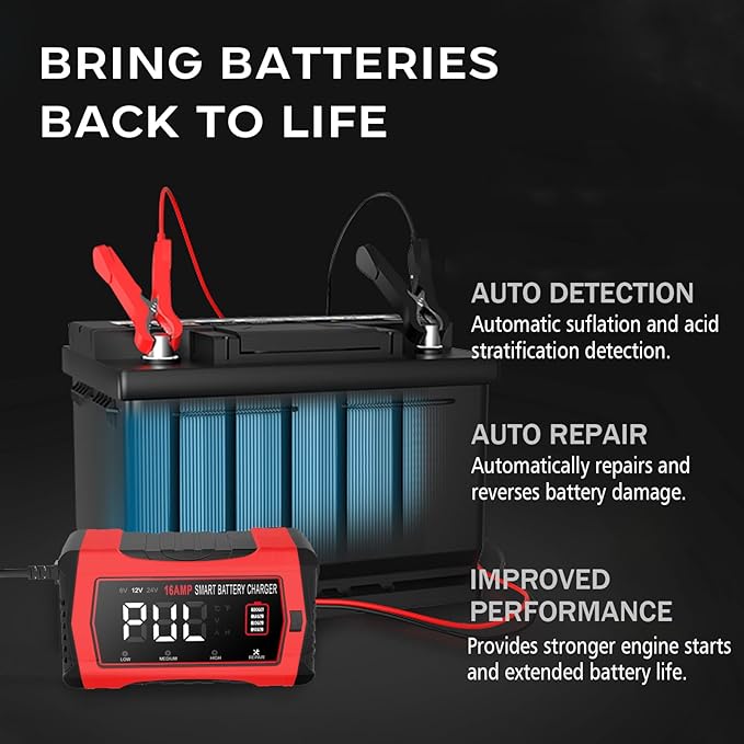 16-Amp Battery Charger, 6V/12V/24V Smart Car Battery Charger, Automotive Battery Maintainer, Trickle Charger for Car, SUV, Motorcycle, Boat, Lead-Acid, Lithium, LiFePo4 Battery