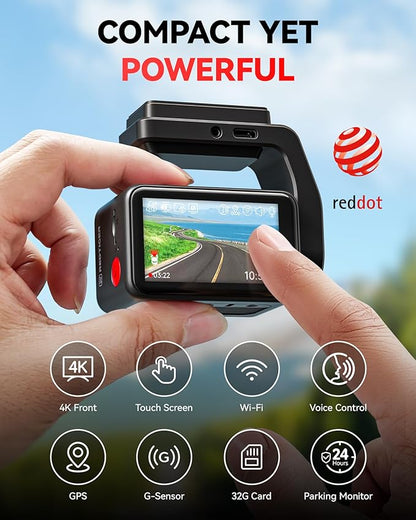 REDTIGER F4 4K Dash Cam Front, 2.2 inch Mini Car Camera, 2160P UHD Touch Screen, Voice Control, Included 32GB Card, Night Vision, Built-in GPS, WiFi APP Control, Loop Recording, 24H Parking Monitor