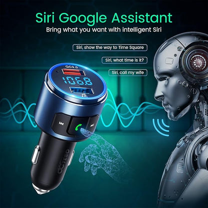 Upgraded FM Bluetooth Transmitter Car, QC3.0 Quick Charging & LED Backlit Bluetooth Car Adapter/FM Transmitter/Hi-Fi Music Player with Noise Cancelling Calls, Siri Google Assistant