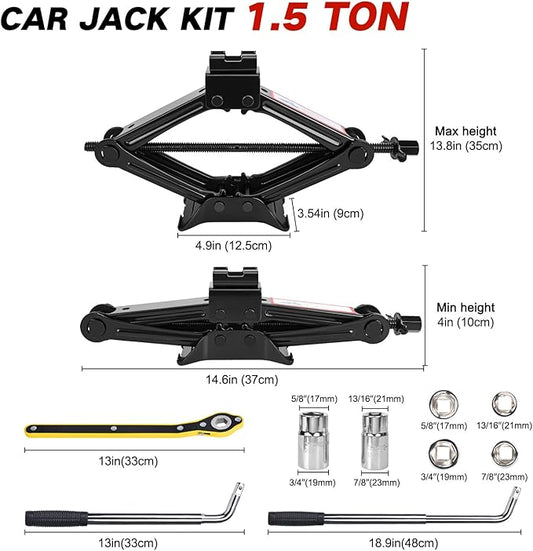 Scissor Car Jack 1.5Ton（3306lbs） Tire Changing Kit with Lug Wrench - Emergency Kit for Car, SUV, MPV