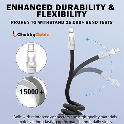 chubbycable Curly Chubby - Retractable Fast Charging Cable 240W Coiled Charger Cord for Car Durable USB-C Cable for Phones, Tablets and More, White, USB-A to Type-C, 1.3FT-2.3FT