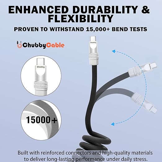 chubbycable Curly Chubby - Retractable Fast Charging Cable 240W Coiled Charger Cord for Car Durable USB-C Cable for Phones, Tablets and More, Pink, Type-C to Type-C, 1.3FT-2.3FT