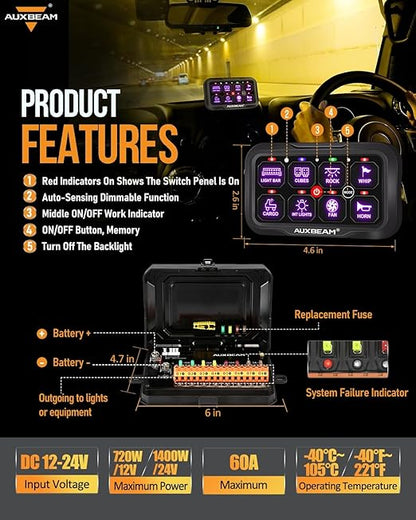 Auxbeam 8 Gang Switch Panel RC-800 RGB Wireless Remote Control Range Up to 165FT Multifunction Switch Pod 3 lighting modes with Backlit Off and Auto Dimmable for RV Offroad Waterproof 2 Years Warranty