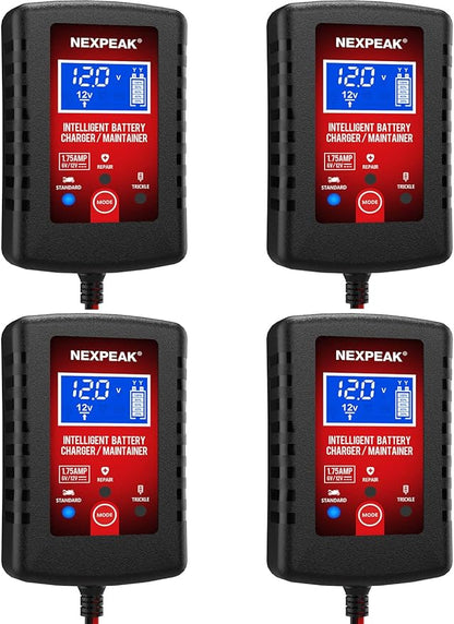 [4-Pack]1.75-Amp Car Battery Charger, 6V and 12V Smart Fully Automatic Battery Charger Maintainer, Trickle Charger, Battery Desulfator for Car, Lawn Mower, Motorcycle, Boat, Marine Lead Acid Batteries