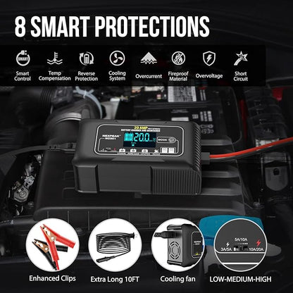 NEXPEAK NC301 20-Amp Car Battery Charger, 12V and 24V Smart Fully Automatic LiFePO4 Battery Charger Maintainer Trickle Charger w/Temp Compensation for Car Truck Boat Lead Acid Lithium Batteries