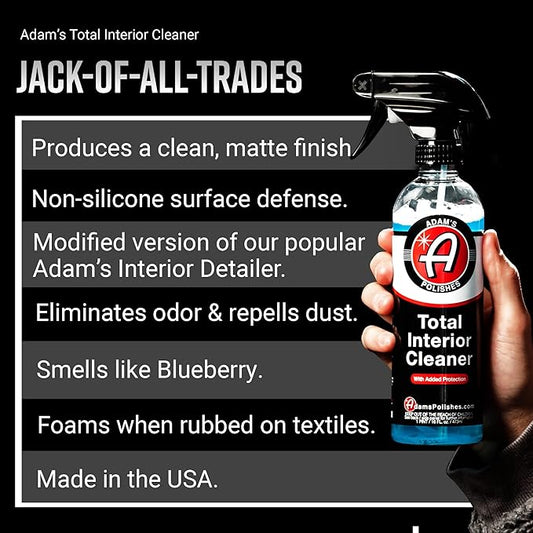 Adam's Polishes Total Interior Cleaner & Protectant, Quick Detailer & SiO2 Protection, Ceramic Infused, Anti-Static, OEM Finish, For Leather, Vinyl, Plastics, Glass & More
