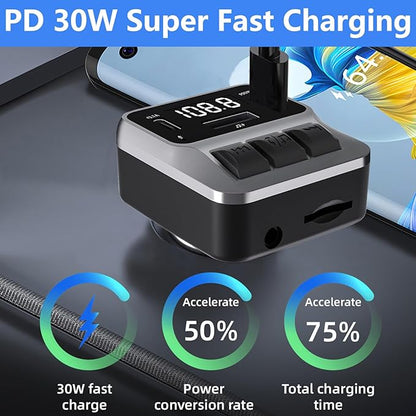Bluetooth 5.3 FM Transmitter for Car, Bluetooth Car Adapter with Dual Type-C PD(30W) Charger Port and QC3.0 USB Port, Handsfree Calling and Audio Receiver, Support AUX, U Disk, TF Card