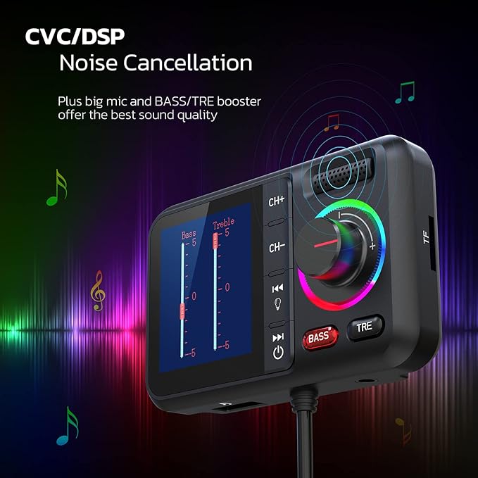 Nulaxy Bluetooth FM Transmitter for Car, Wireless Car Bluetooth V5.0 Adapter with Big Color Screen, Support QC3.0 Fast Charging, Hands-Free Call, MP3 Music Player BASS&TRE Booster, TF Card AUX-KM28