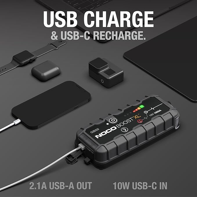 NOCO Boost GB50: 1500A UltraSafe Jump Starter – 12V Lithium Battery Booster Pack, Portable Jump Box, Power Bank & Jumper Cables - for 7.0L Gas and 4.5L Diesel Engines