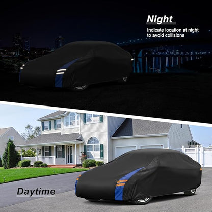 Car Cover Waterproof All Weather for Automobiles, Full Exterior Covers for Sedan & Coupe (201-208 inch) Universal Fit for Chrysler 300, Benz S-Class, etc. Rain Winter Sun Snow Protection.