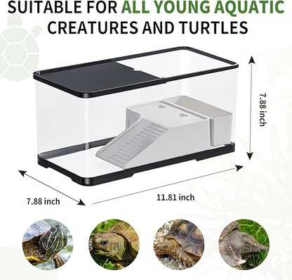 (Tank + Light + Filter Balls) Turtle Tank Kit, Turtle Tank Starter Kit,Bottom Drainage, Multi-Function Areas for Turtles, Crabs,Fishes, Amphibians,Reptiles.(11.81 × 7.88 × 7.88 Inch)