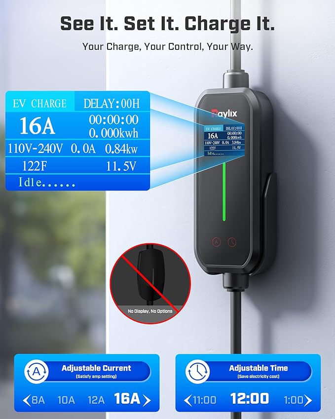 2025 Upgraded Level 1&2 Tesla Charger, 8-16A Adjustable Current, Timer & Smart Display, Tesla Mobile/Home Charger, 21Ft Charging Connector for Model Y/3/X/S/Cybertruck, NEMA 5-15 & 6-20 Plug, 110-240V