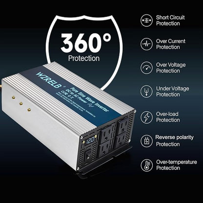 WZRELB 1800W Pure Sine Wave Inverter 12V DC to 110V 120V AC,Car Power Inverter with 4 AC Outlets, LED Display,Off-Grid Portable Power Converter for Home, RV, Truck, Camping