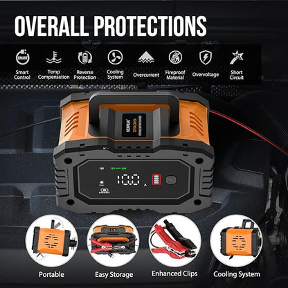 NEXPEAK NC202 10-Amp Battery Charger, 12V 24V LiFePO4 Lead Acid Portable Car Battery Charger 8-Stage Trickle Charger Smart Battery Maintainer w/Temp Compensation for Car Truck Motorcycle Lawn Mower