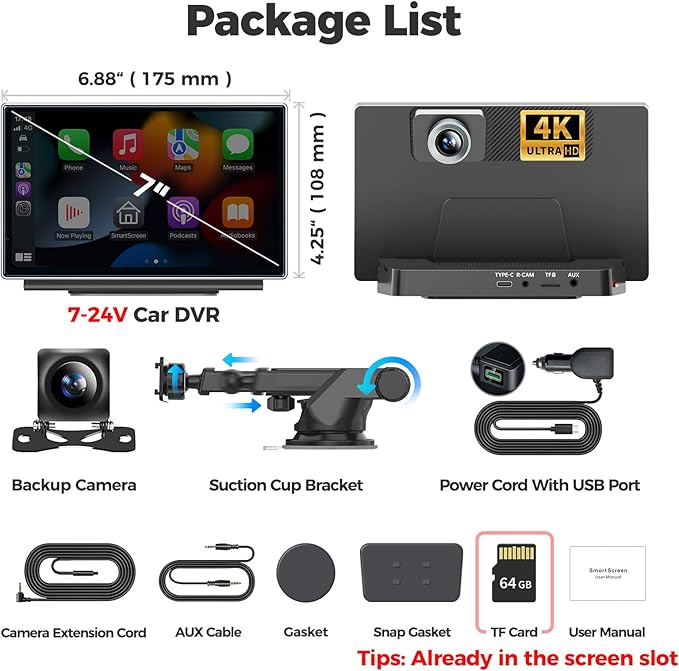 7" Wireless Apple CarPlay Android Auto Screen for Car - 4K Dash Cam, GPS Navigation, HD Touchscreen, AirPlay, 1080P Backup Camera, Car Stereo