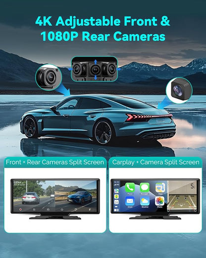 Wireless Carplay Screen for Car, 10.26" Android Auto Screen Compatible with A-pple Carplay, 4K Front & 1080P Rear Cameras Loop Recording, FM, AUX, BT, MirrorLink, Voice Control, Navigation for iOS 10+