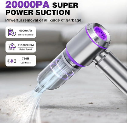 Mini Car Vacuum Cleaner,20000PA 4-in-1 Cordless Handheld Vacuum Cleaner with 6000mAh Battery Brushless Motor Hand Held Vacuum Air Duster & Air Blower & Pump for Car,Office and Home Cleaning