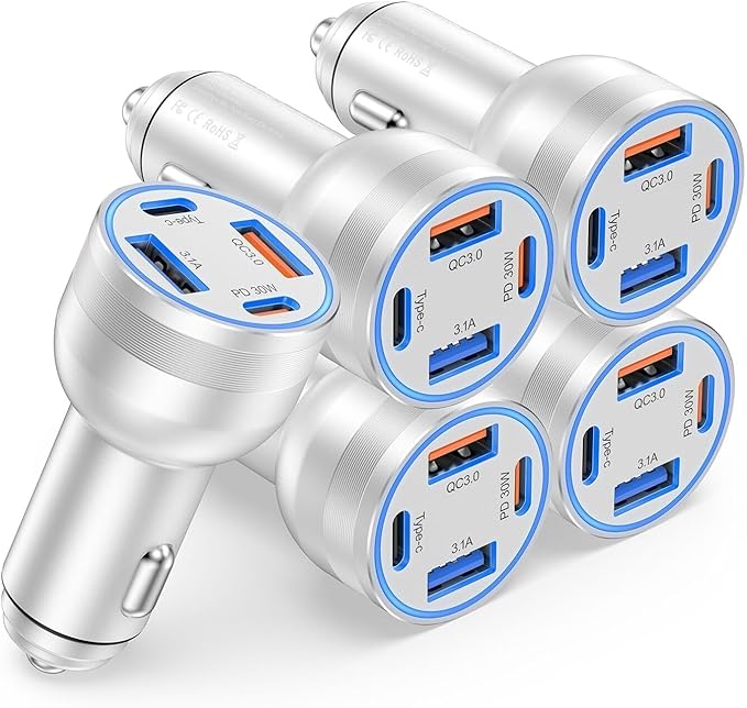 65W Car Phone Charger USB C, 5 Pack 4-Port Cigarette Lighter Adapter, 12V USB C Fast Car Charger Type C Car Adapter, Car Accessories for iPhone 16E 16 15 14 13 12 Pro Max,Galaxy,Pixel,iPad,Android
