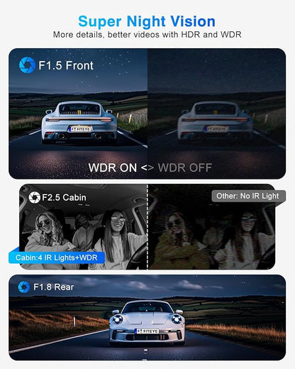 3 Channel 4K Dash Cam, IMX335 STARVIS Sensor, 4K+2K Front and Inside, 2K+1080P+1080P Front and Rear Inside Dash Camera for Cars, Free 64GB Card, Built in WiFi GPS, Intelligent Voice Control