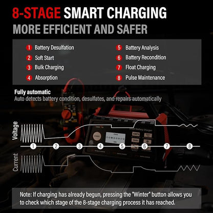 TowerTop 2/15/25 Amp Car Battery Charger, 6V/12V Fully Automatic Smart Battery Maintainer with Engine Start, Auto Desulfator, Battery Repair, Winter Mode, for All Lead-Acid and LiFePO4 Batteries