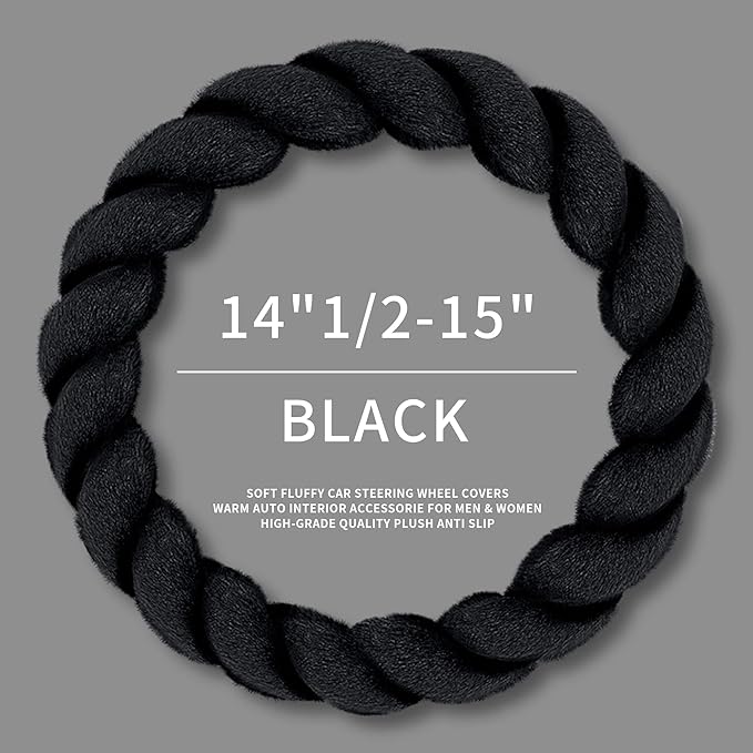 Luxury Fluffy Winter Car Steering Wheel Cover for Women Soft Warm Plush Cute Auto Accessories for Vehicle, Sedan, Universal, Fuzzy, Anti Slip, Black, Standard Size, 14.75-15.15"