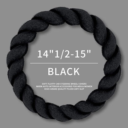 Luxury Fluffy Winter Car Steering Wheel Cover for Women Soft Warm Plush Cute Auto Accessories for Vehicle, Sedan, Universal, Fuzzy, Anti Slip, Black, Standard Size, 14.75-15.15"