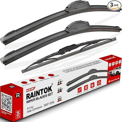 Windshield Wiper Blade Set Replacement for 2007-2016 Jeep Compass Original Equipment Replacement Front Rear Wiper Blades-22"/20"/11" (Set of 3) U/J Hook