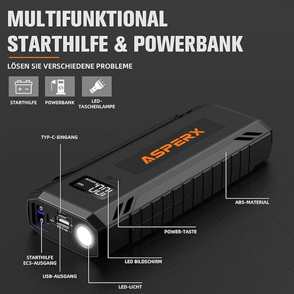 AsperX Car Jump Starter, 4000A Peak Battery Starter for All Gas or 10.0L Diesel Engines, 12V Battery Starter, Jump Box with USBA, Lithium Battery Booster with Built-in LED Light