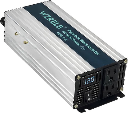 WZRELB 800W Pure Sine Wave Inverter 12V DC to 110V 120V AC Power Converter with LED Display, Off-Grid Portable Power Inverter with 2 AC Outlets for Home, RV, Truck, Camping
