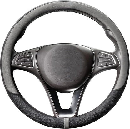 COFIT Breathable Car Steering Wheel Cover 15 inch Auto Universal Leather Wrap Non-Slip Steeringwheel Protector Automotive Interior Accessories, Grey (Suit for 14.5-15 inch)