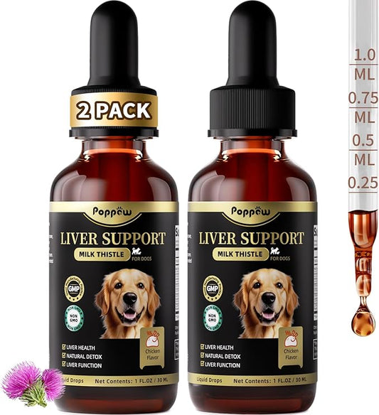 (2 Pack) Poppaw Milk Thistle for Dogs – 9-in-1 Liver & Kidney Support with Artichoke, Resveratrol, Marigold Extract, 100% Natural Detox Herbal Supplement, Chicken Flavor, 2 Oz