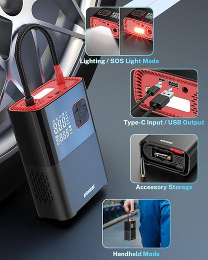 Kohree Tire Inflator Portable Air Compressor, 58LPM Faster Dual Cylinder Air Pump for Car Tires, Pickup Trucks & Large Tires, 150 PSI & 20000mAh Cordless Electric Air Pump with Pressure Detection