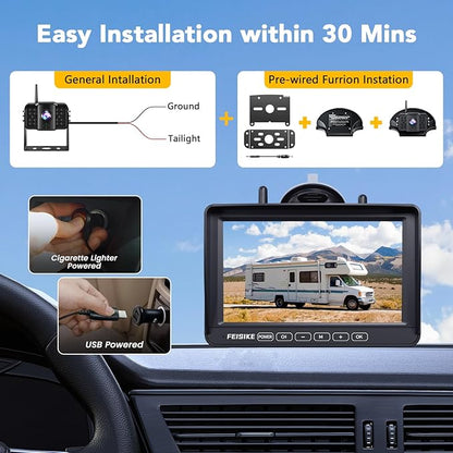 RV Backup Camera Wireless with 7" 1080P Monitor, for Furrion Pre-Wired RV, 4-Channel Split Screen System, Loop Recording, IR Night Vision, Wide Rear View Camera for Truck, Trailer, Camper