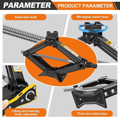 Car Jack Kit - Scissor Car Jack Max 2 Ton(4,409 lbs) Capacity Portable Emergency Tire Change Kit with Ratchet Lug Wrench - Saving Strength Design