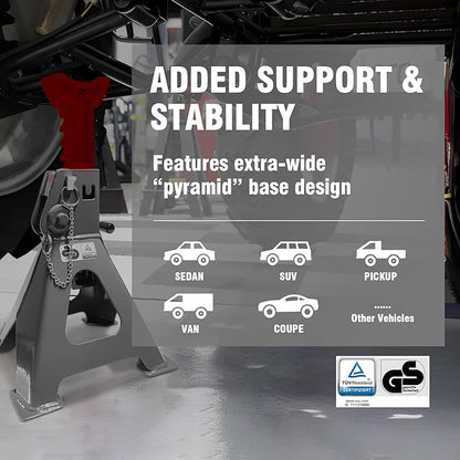 Car Jack Stands 6 Ton with Double Locking and Large Foot Base for Lifting Cars,SUVS,MPVS, Heavy Duty Steel, 13000 lb Capacity, 1 Pair