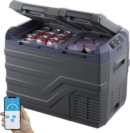VEVOR NLS45, 12 Volt Car Refrigerator Fridge, 32 L Dual Zone Portable Freezer, -4℉-68℉ Adjustable Range, 12/24V DC and 100-240V AC Compressor Cooler for Outdoor, Camping, RV, Bule and grey