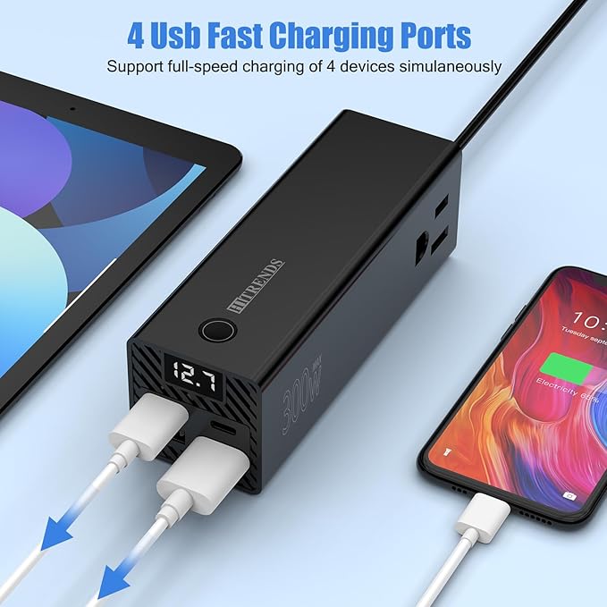 HITRENDS 300W Car Power Inverter Dual DC 12V to 110V AC Car Power inverters with PD 36W USB-C & 24W USB-A, Car Plug Converter with Switch and Current LCD Screen