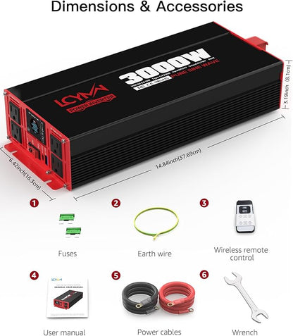 3000 Watts Pure Sine Wave Power Inverter 24V DC to 110V 120V AC Converter for Home RV Off Grid Truck Solar System Inverters with Type-C PD30W USB QC3.0 Port 4 AC Outlets LCD Display and Remote Control