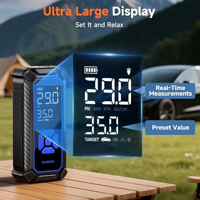 OlarHike Cordless Tire Inflator Portable Air Compressor, Quick Inflation, Air Pump for Car Tires, Pickup Truck, Motorcycle, Bicycle, Balls, Electric Pump with LED Light & Digital Pressure Gauge