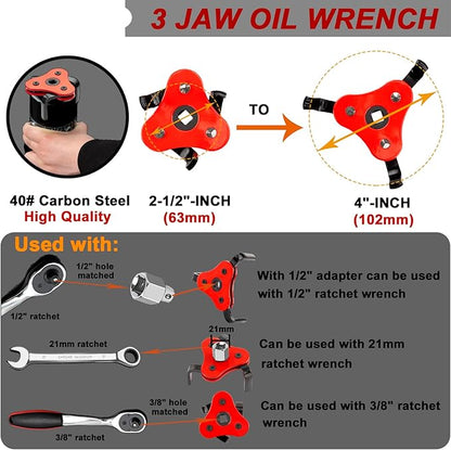 4Pcs Oil Filter Pliers Set, 3 Jaw oil filter Wrench with Flexible Plastic Funnel For Automotive Oil Change, Adjustable Oil Filter Removal Tool From 1-3/4" to 6" (Black)