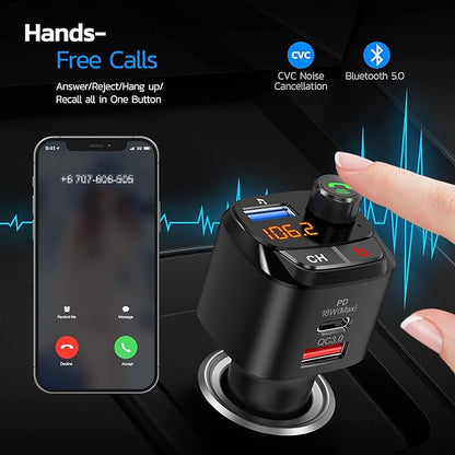 Nulaxy Bluetooth 5.0 FM Transmitter for Car, QC3.0 & USB-C PD 18W Wireless Bluetooth Radio Adapter Music Player Car Kit with Bass Booster, Hands-Free Calls-NX12