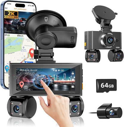 4 Channel Dash Cam Front and Rear, 360°Dash Camera for Car FHD 2K+3x1080P Touch Screen, 8 IR Night Vision, 5G WiFi, APP Control, G-Sensor, Loop Recording, Built-in GPS with 64GB Car, 24H Parking Mode