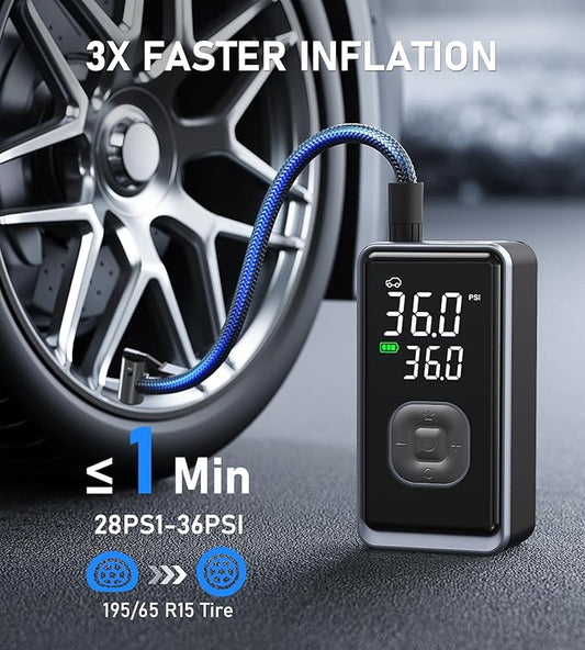 Tire Inflator Portable Air Compressor, 150PSI Cordless Mini Air Pump with Digital Pressure, Bike Pump, 3X Fast Inflation Tire Inflator for Car, Motorcycle, Bike, Ball-LED Light and Auto Shut-Off
