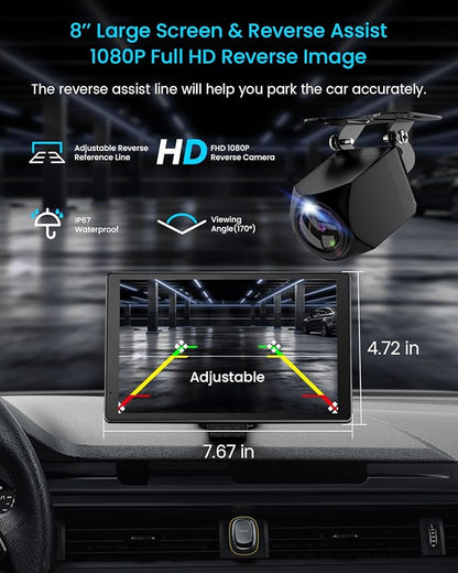 8” Wireless Apple CarPlay Screen for Car with Android Auto & 1080P Backup Camera, Rotatable Touchscreen Car Stereo, Vertical & Horizontal Mode, Bluetooth, GPS Navigation, Mirror Link
